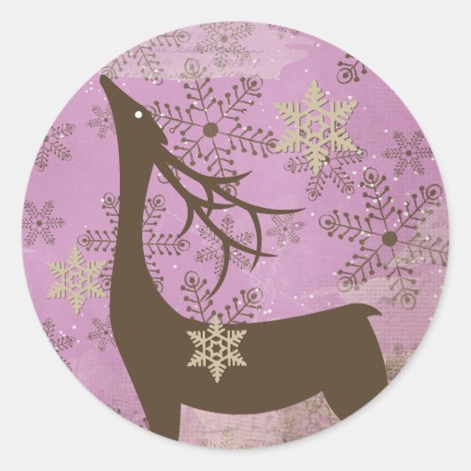 Lila Sneeuwvlokken en Deer Round Sticker (Voorkant)