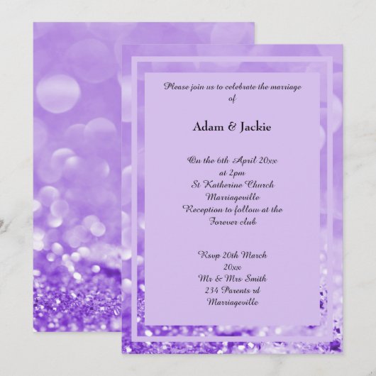 LILA SPARKELLAAG BOKEH PRINT WEDDING INVITATION KAART (Voorkant / Achterkant)