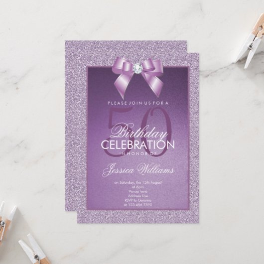 Lila Sparkle & Stijlvolle Gem Verjaardag Kaart (Voorkant / Achterkant in situ)