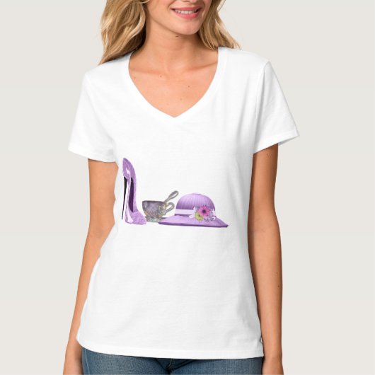 Lila Stiletto-schoen, Pet en Teacup-kunst T-shirt (Voorkant)