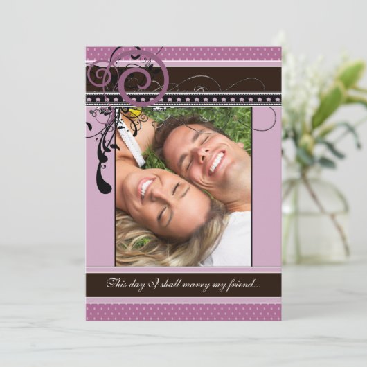 Lila Stippen & Swirls trouwfoto Kaart (Staand voorkant)