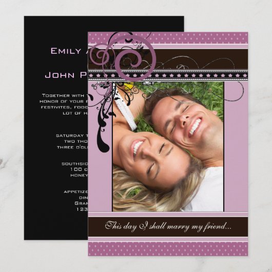 Lila Stippen & Swirls trouwfoto Kaart (Voorkant / Achterkant)