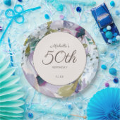 Lila Stoffige Blauwe Waterverf Bloemen 50ste Verja Papieren Bordje (Feest)