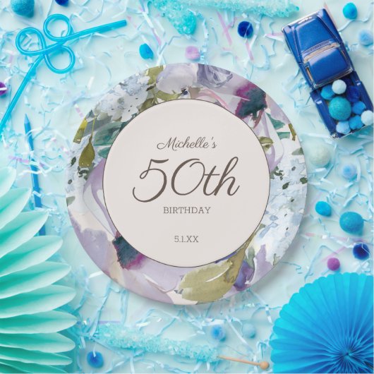 Lila Stoffige Blauwe Waterverf Bloemen 50ste Verja Papieren Bordje (Feest)