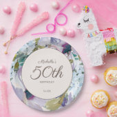 Lila Stoffige Blauwe Waterverf Bloemen 50ste Verja Papieren Bordje (Feest)