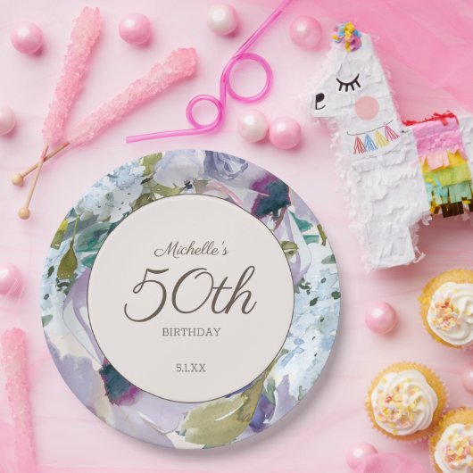 Lila Stoffige Blauwe Waterverf Bloemen 50ste Verja Papieren Bordje (Feest)