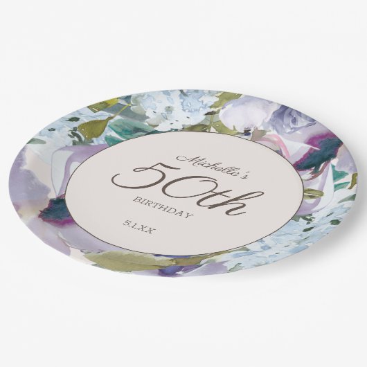Lila Stoffige Blauwe Waterverf Bloemen 50ste Verja Papieren Bordje (Gekanteld)