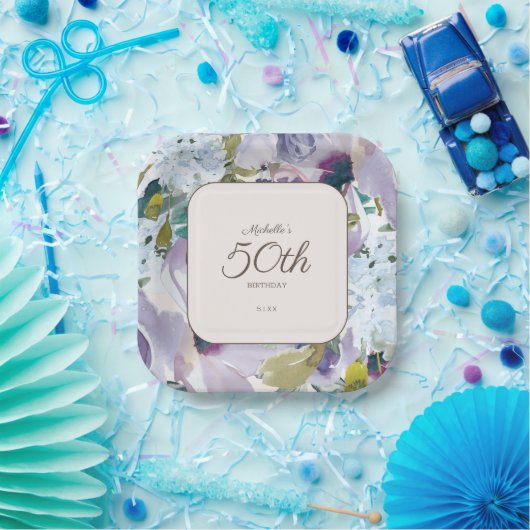 Lila Stoffige Blauwe Waterverf Bloemen 50ste Verja Papieren Bordje (Feest)