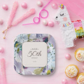 Lila Stoffige Blauwe Waterverf Bloemen 50ste Verja Papieren Bordje (Feest)