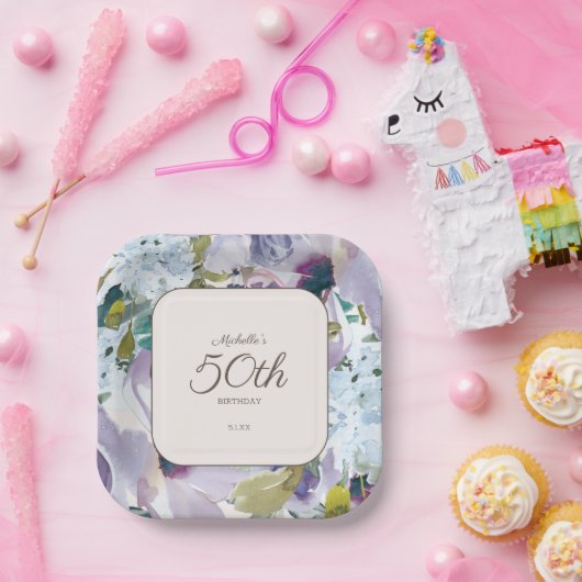 Lila Stoffige Blauwe Waterverf Bloemen 50ste Verja Papieren Bordje (Feest)