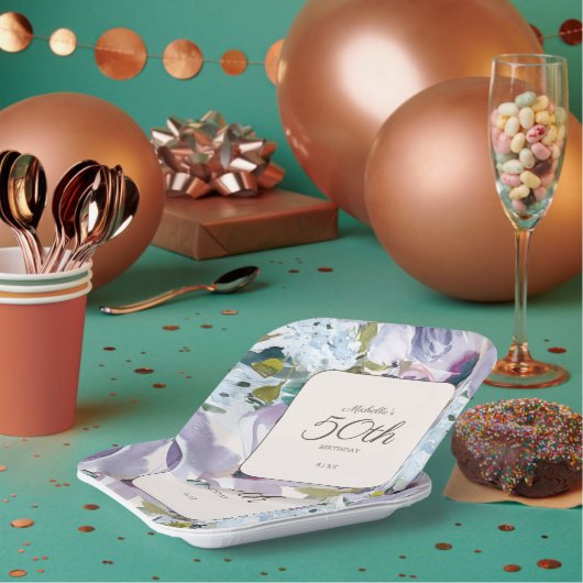 Lila Stoffige Blauwe Waterverf Bloemen 50ste Verja Papieren Bordje (Multi)