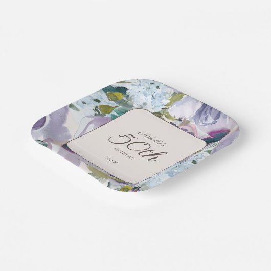 Lila Stoffige Blauwe Waterverf Bloemen 50ste Verja Papieren Bordje (Gebogen)