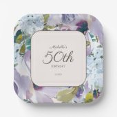 Lila Stoffige Blauwe Waterverf Bloemen 50ste Verja Papieren Bordje (Voorkant)