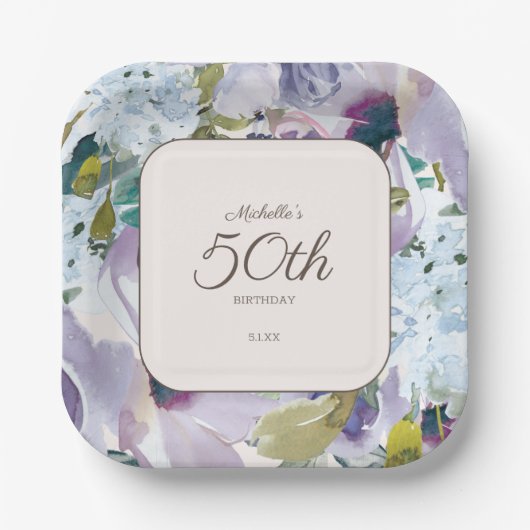 Lila Stoffige Blauwe Waterverf Bloemen 50ste Verja Papieren Bordje (Voorkant)