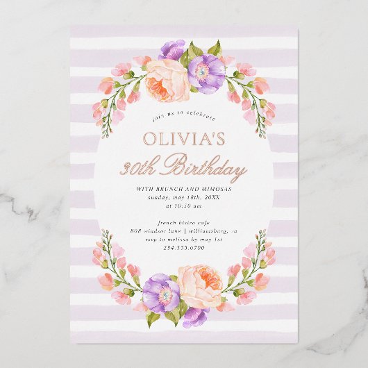 Lila Stripe en Bloom Birthday Brunch Party Folie Uitnodiging (Voorkant)