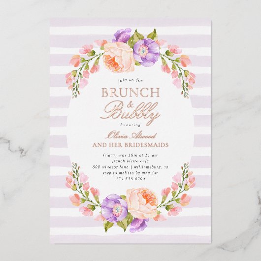 Lila Stripe en Bloom Bridal Brunch en Bubble Folie Uitnodiging (Voorkant)