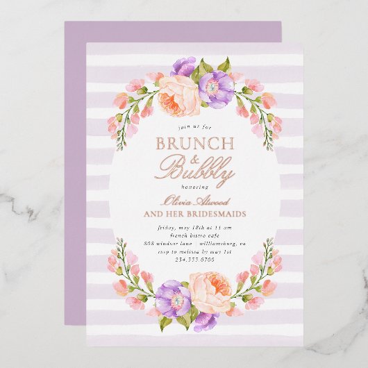 Lila Stripe en Bloom Bridal Brunch en Bubble Folie Uitnodiging (Voorkant / Achterkant)