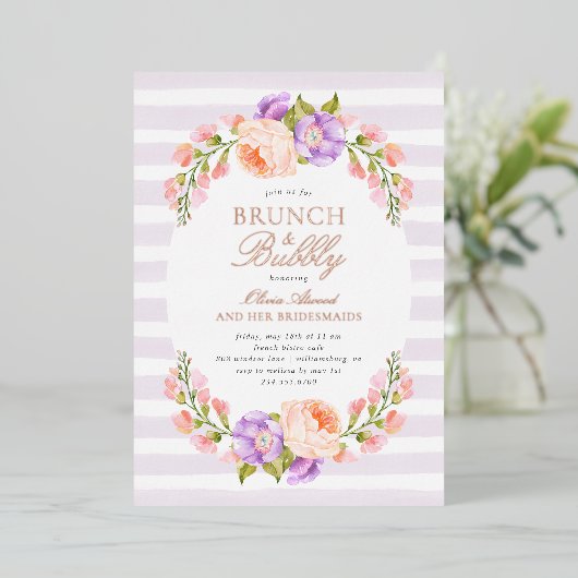Lila Stripe en Bloom Bridal Brunch en Bubble Folie Uitnodiging (Staand Voorkant)