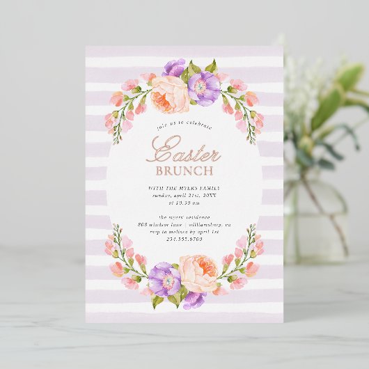 Lila Stripe- en Bloom Easter Brunch Party Folie Uitnodiging (Staand Voorkant)