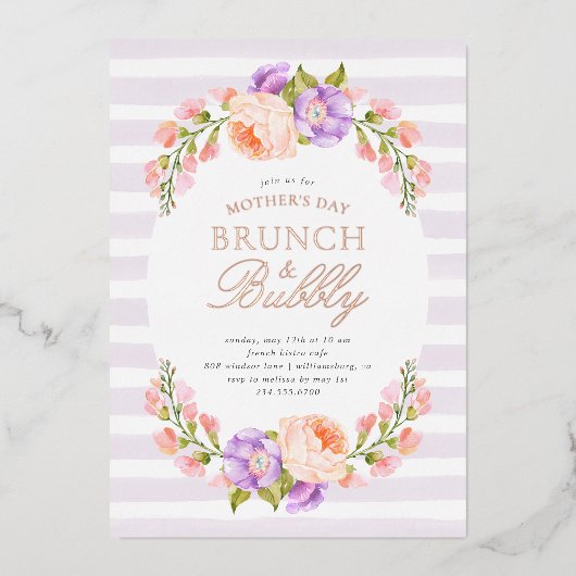Lila Stripe en Bloom Moederdag Brunch Folie in Folie Uitnodiging (Voorkant)