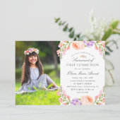 Lila Stripe en Bloom Photo First Communtion Kaart (Staand voorkant)