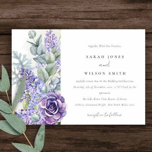 Lila Succulent Eucalyptus Botanical Bunch Wedding Kaart