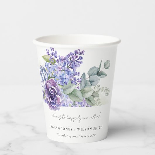 Lila Succulent Eucalyptus Botanical Bunch Wedding Papieren Bekers (Voorkant)