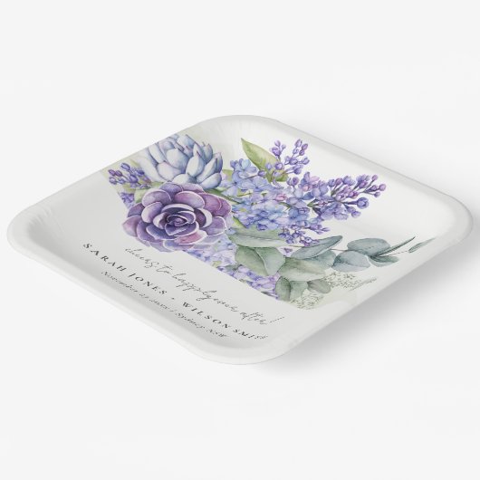 Lila Succulent Eucalyptus Botanical Bunch Wedding Papieren Bordje (Gebogen)