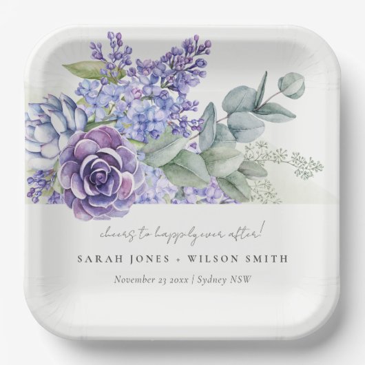 Lila Succulent Eucalyptus Botanical Bunch Wedding Papieren Bordje (Voorkant)