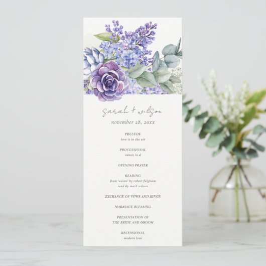 Lila Succulent Eucalyptus Fauna Wedding Programme Kaart (Staand voorkant)