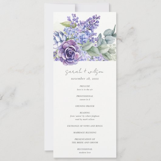 Lila Succulent Eucalyptus Fauna Wedding Programme Kaart (Voorkant)