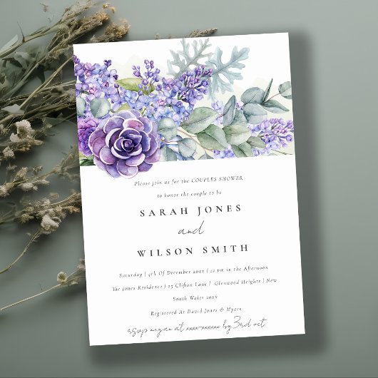 Lila Succulente Eucalyptus Fauna Couples Shower Kaart
