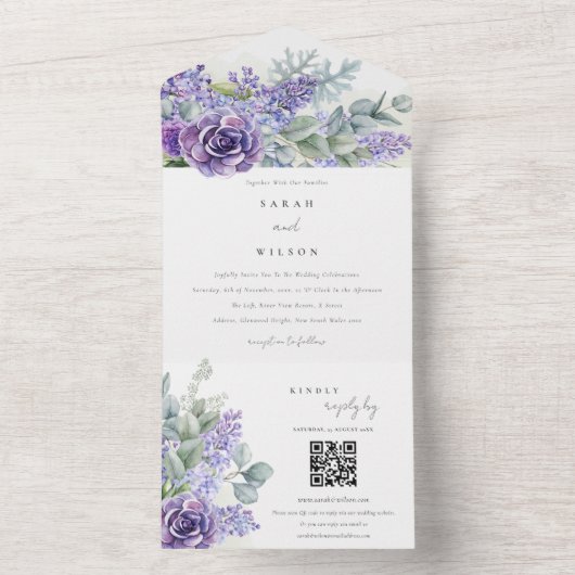 Lila Succulente Eucalyptus Foliage Weddenschap QR- All In One Uitnodiging (Binnen)