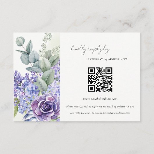 Lila Succulente Leafy Fauna Wedding QR Code RSVP Informatiekaartje (Voorkant)