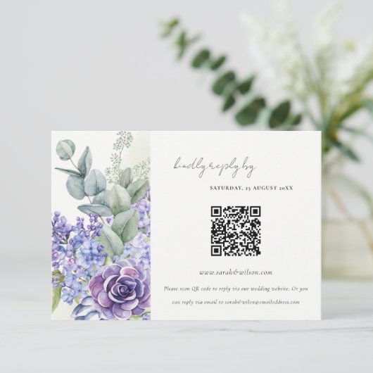 Lila Succulente Leafy Fauna Wedding QR Code RSVP Informatiekaartje (Staand voorkant)