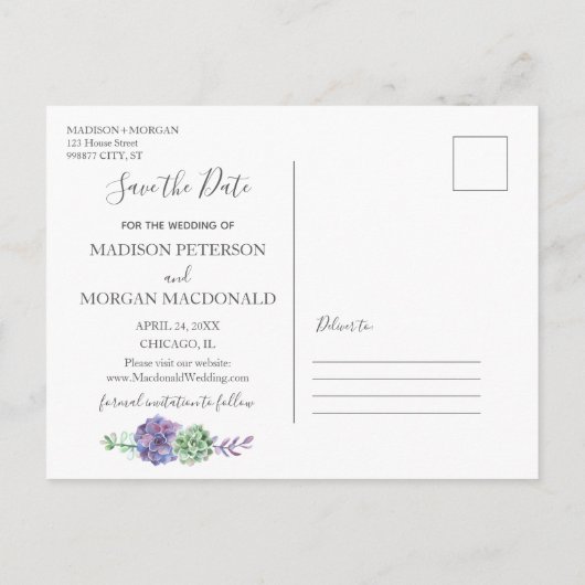 Lila succulenten Foto's Sla de datum op Aankondigingskaart (Achterkant)