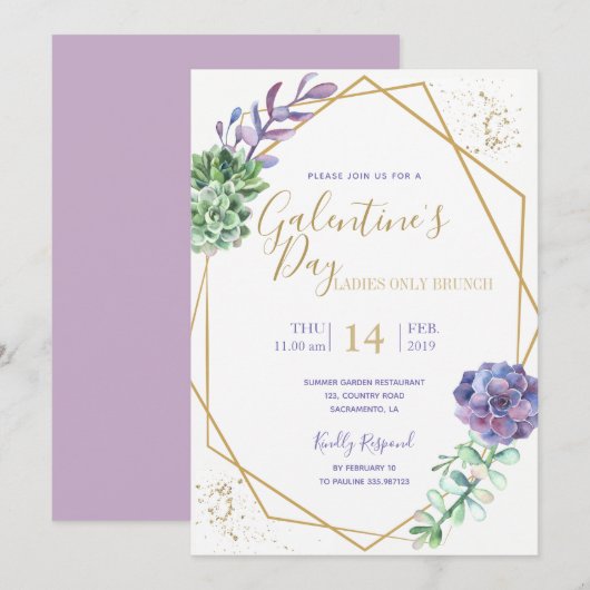 Lila succulenten Galentine's Day party-uitnodiging Kaart (Voorkant / Achterkant)