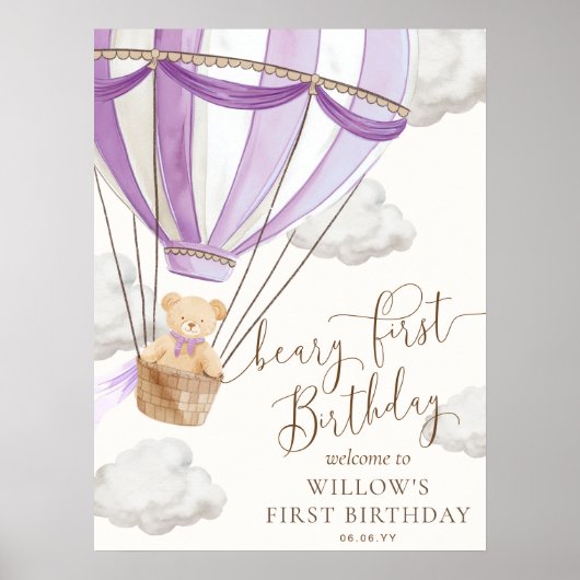 Lila teddybeer Beary eerste verjaardag welkomstbor Poster (Voorkant)