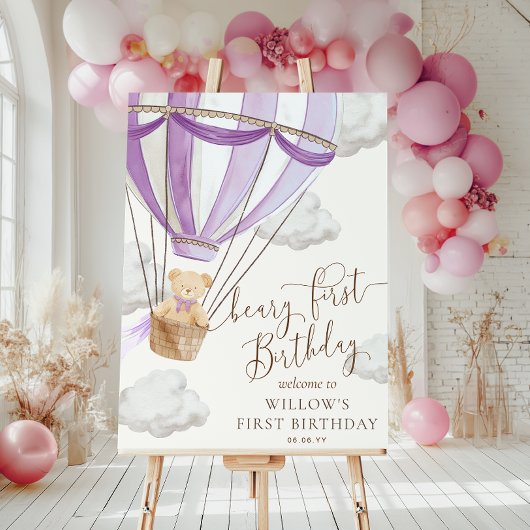 Lila teddybeer Beary eerste verjaardag welkomstbor Poster