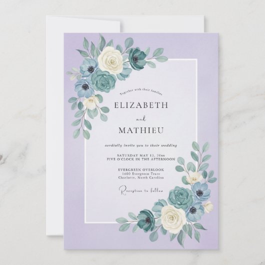 Lila Theel Ranunculus Eucalyptus Bruiloft Kaart (Voorkant)