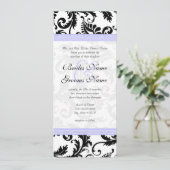 Lila trim Black Damask Swirls Wedding Invitation Kaart (Staand voorkant)