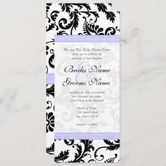 Lila trim Black Damask Swirls Wedding Invitation Kaart (Voorkant / Achterkant)