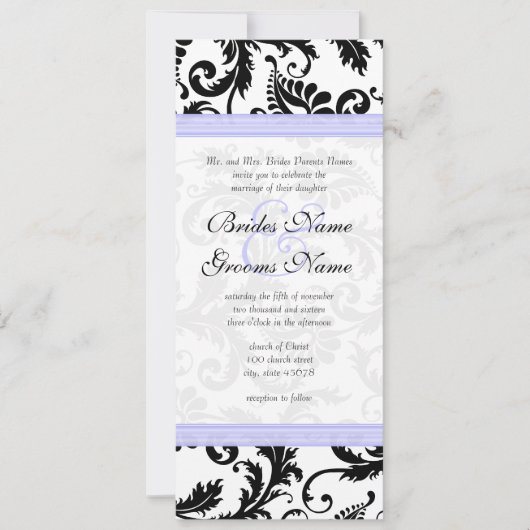 Lila trim Black Damask Swirls Wedding Invitation Kaart (Voorkant)