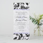 Lila trim Black Damask Swirls Wedding Invitation Kaart (Staand voorkant)