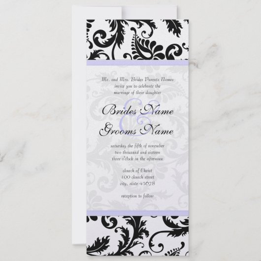 Lila trim Black Damask Swirls Wedding Invitation Kaart (Voorkant)