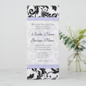 Lila trim Black Damask Swirls Wedding Invitation Kaart (Staand voorkant)