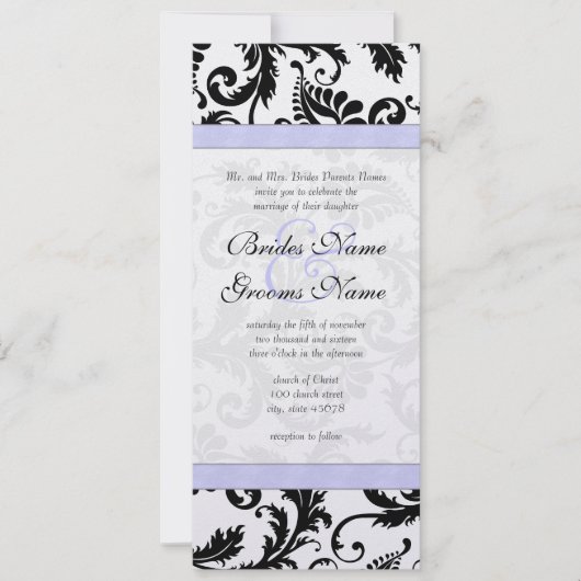 Lila trim Black Damask Swirls Wedding Invitation Kaart (Voorkant)