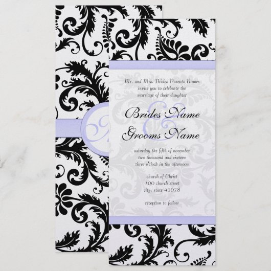 Lila trim Black Damask Swirls Wedding Invitation Kaart (Voorkant / Achterkant)
