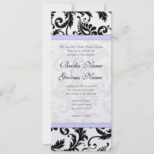 Lila trim Black Damask Swirls Wedding Invitation Kaart (Voorkant)