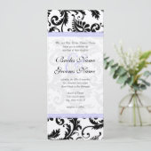 Lila trim Black Damask Swirls Wedding Invitation Kaart (Staand voorkant)